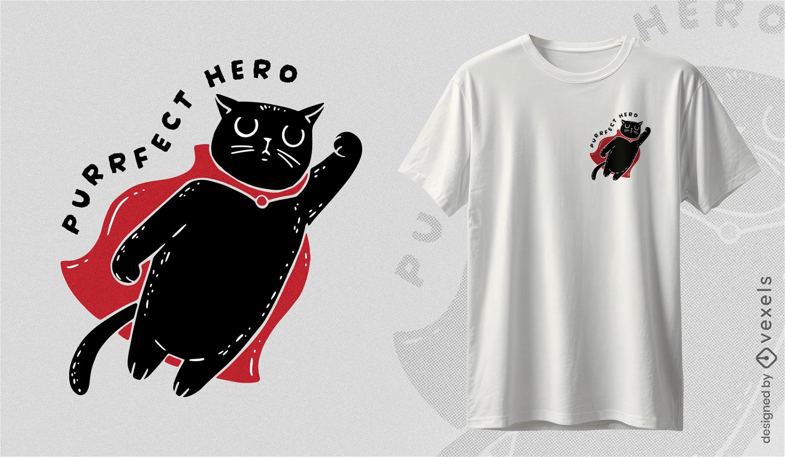 Diseño de camiseta de gato superhéroe con capa.