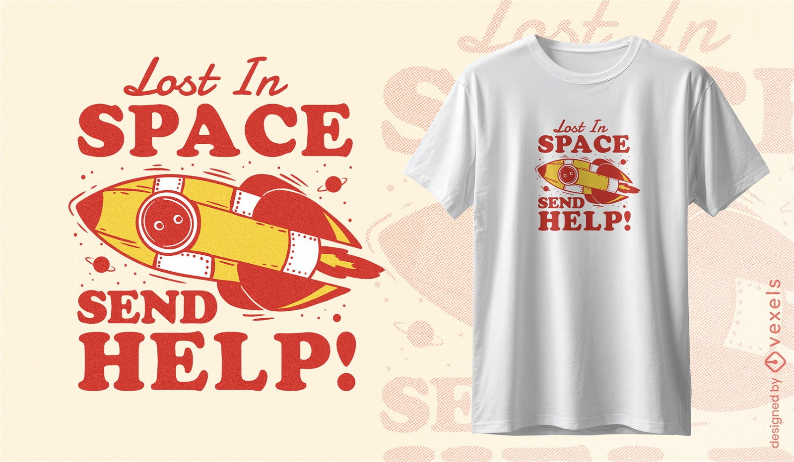 Diseño de camiseta de cohete espacial perdido.