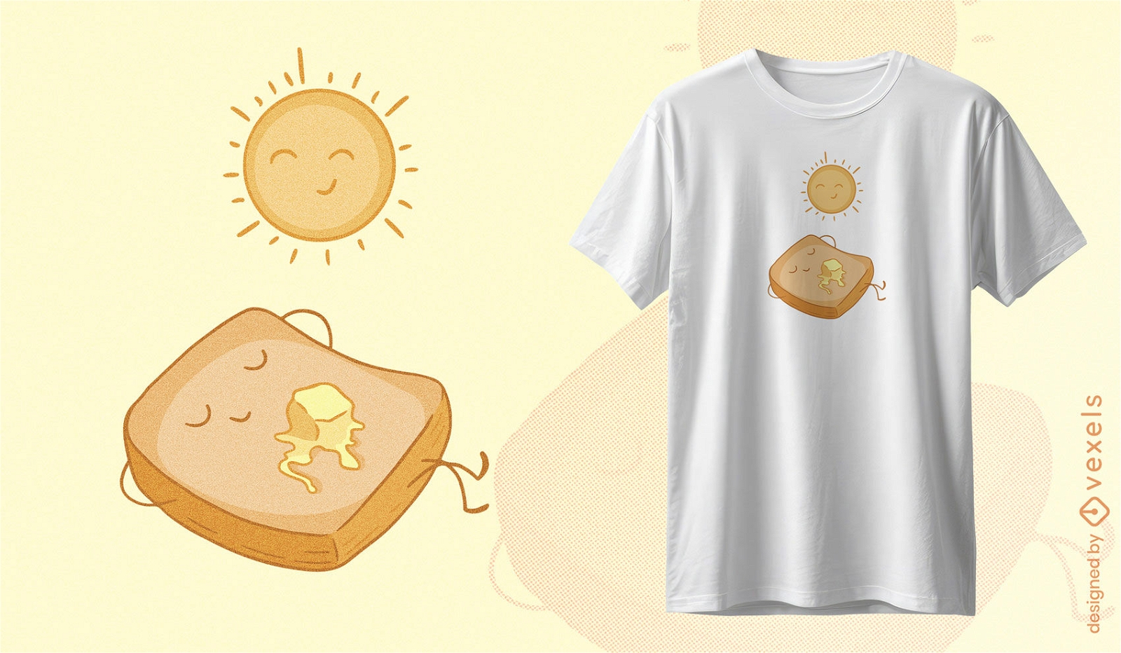 Diseño de camiseta de personajes de tostadas y sol.
