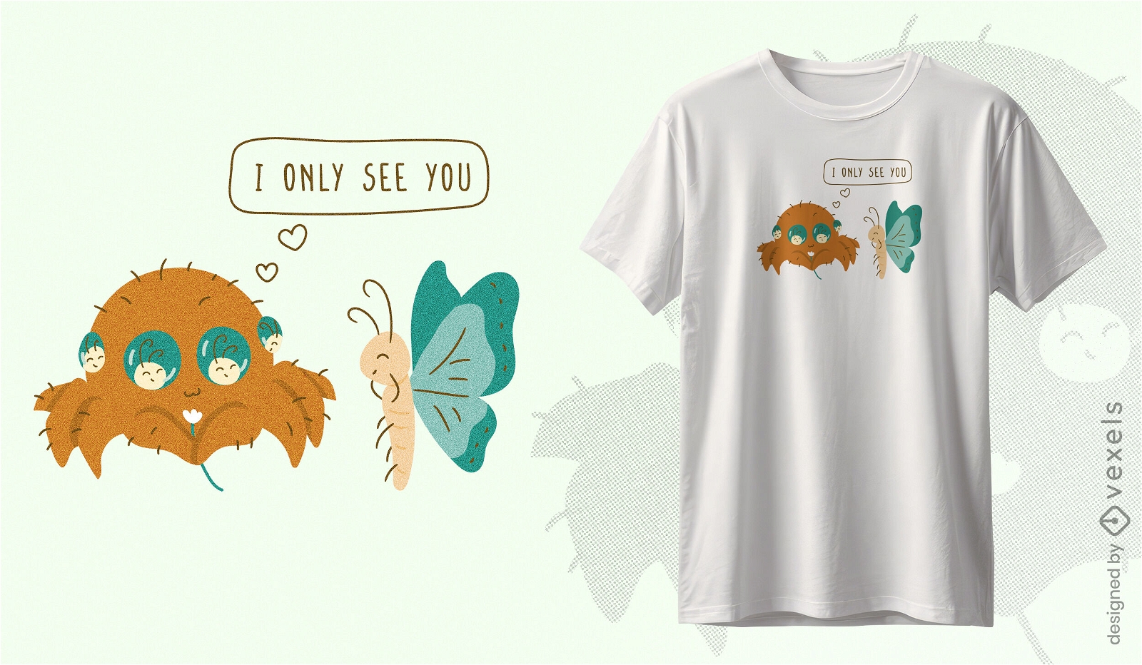 Design de camiseta com amor de aranha e borboleta