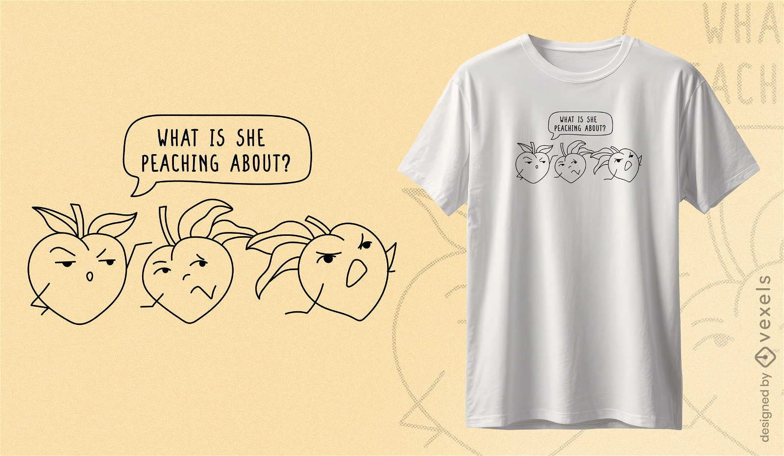 Design de camiseta com trocadilho de pêssego e humor