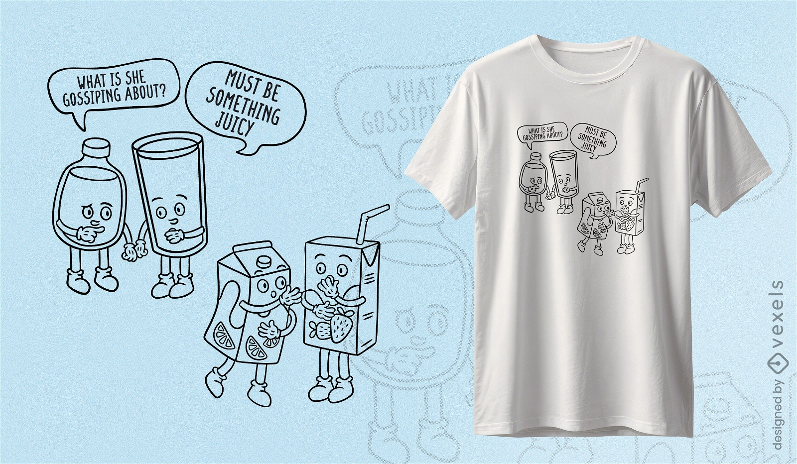 Diseño de camiseta de personajes de caja de jugo chismeando.