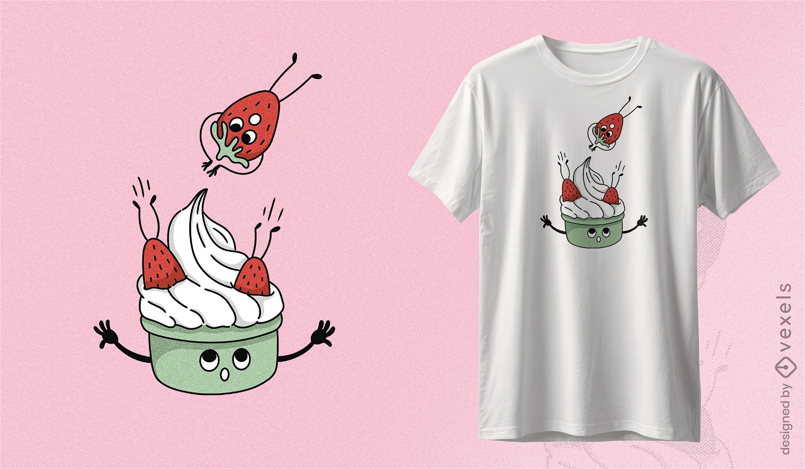 Diseño de camiseta divertido de fresas y crema Diseño de camiseta caprichoso que presenta fresas alegres saltando a un tazón de crema con expresiones faciales divertidas.