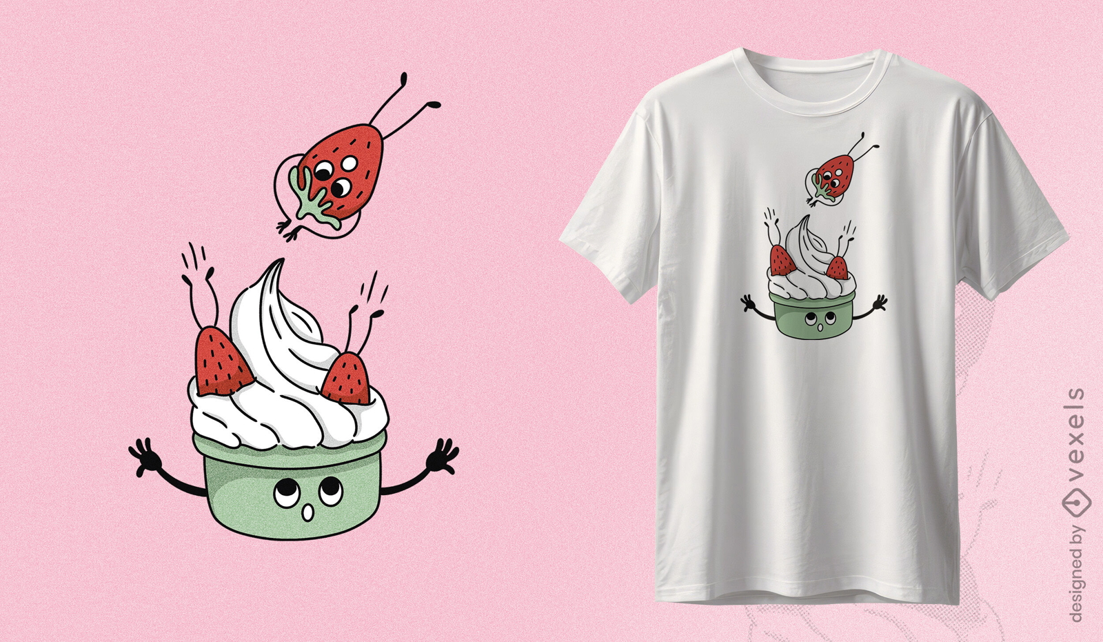 Playful strawberries and cream t-shirt design Whimsical t-shirt design featuring joyful strawberries jumping to a bowl of cream with playful facial expressions. 