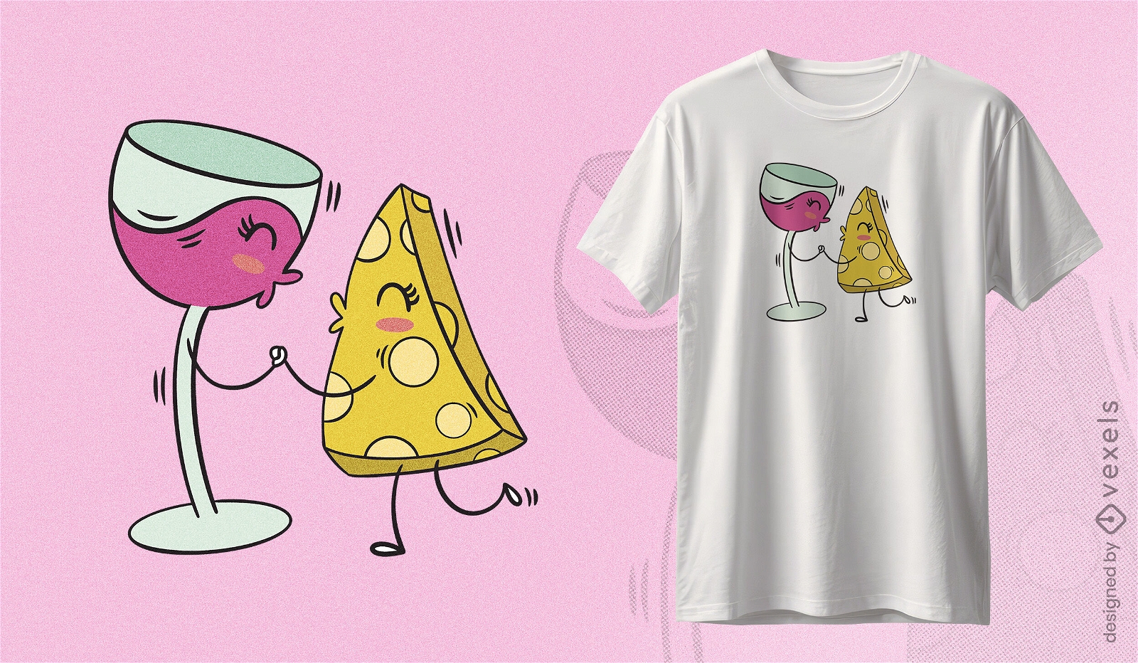 Design de camiseta para conversa sobre vinho e queijo
