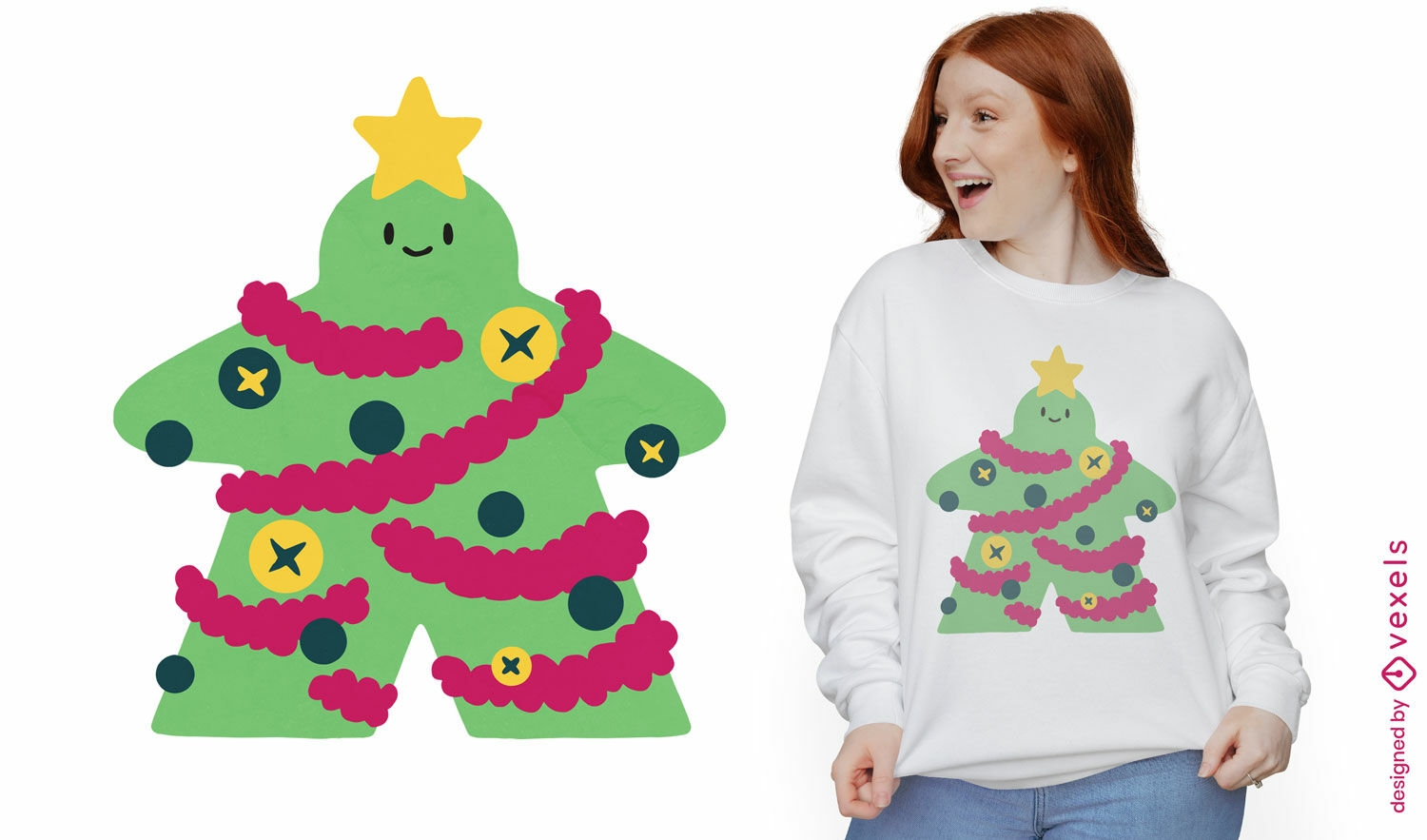 Diseño de camiseta meeple de árbol de navidad.