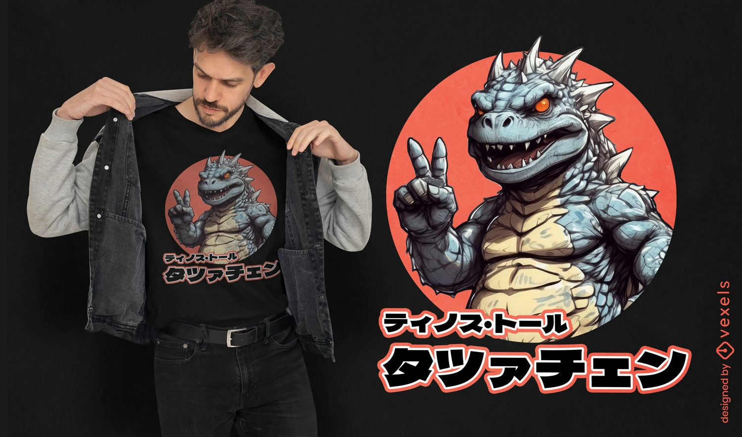 Dise?o de camiseta de dibujos animados japoneses de Godzilla.