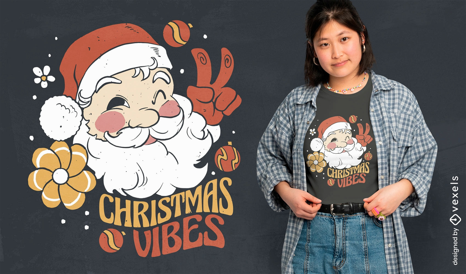 Diseño de camiseta Santa Christmas Vibes.