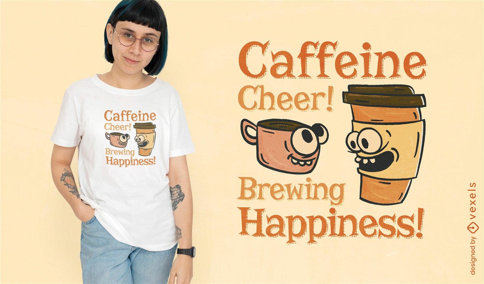 Diseño de camiseta con cita de cafeína.