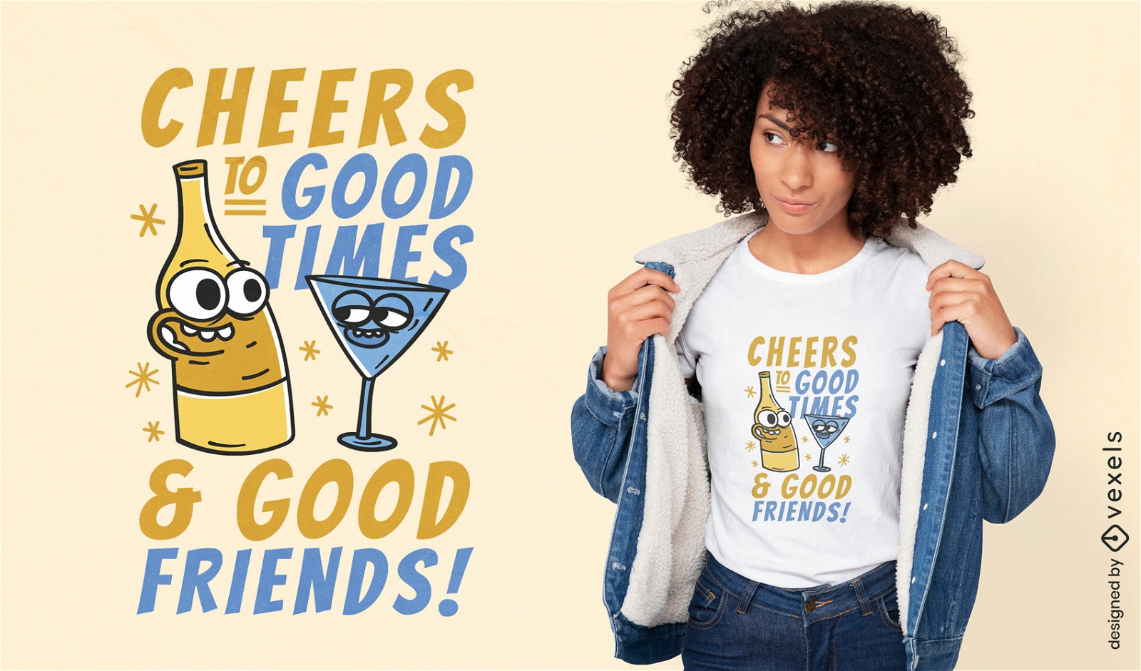 Saludos con diseño de camiseta de personajes de bebidas.