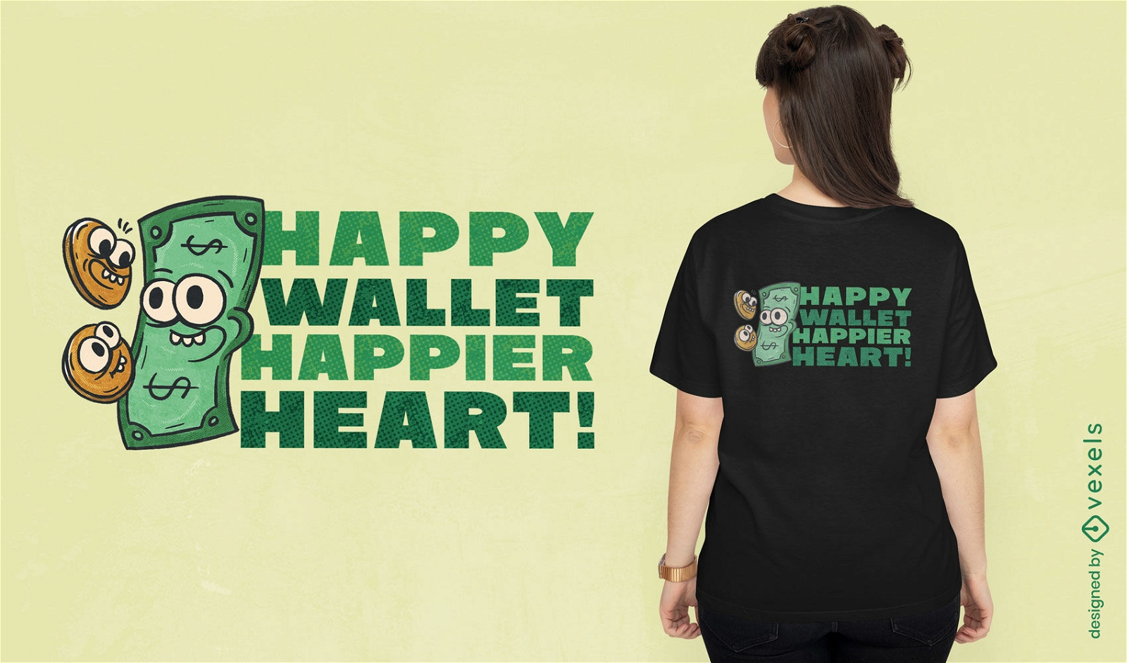 Design de camiseta com personagens de carteira feliz