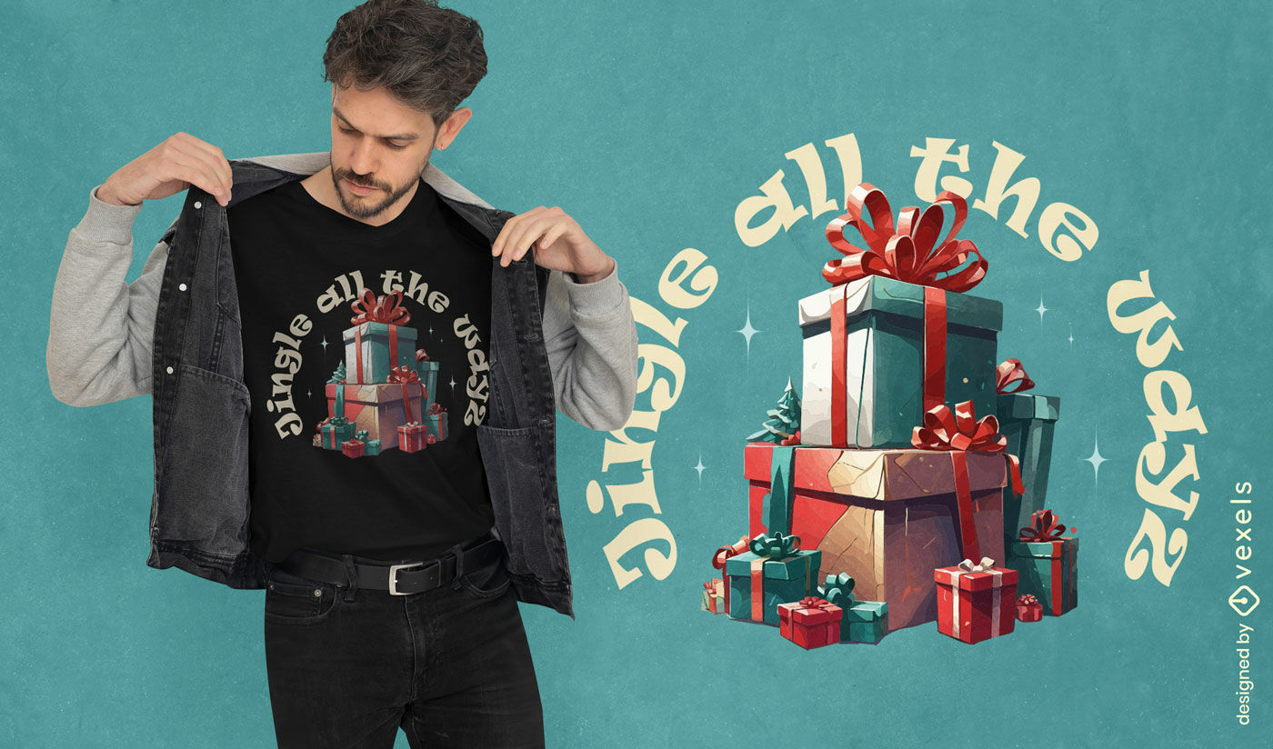 Diseño de camiseta de regalos navideños festivos.