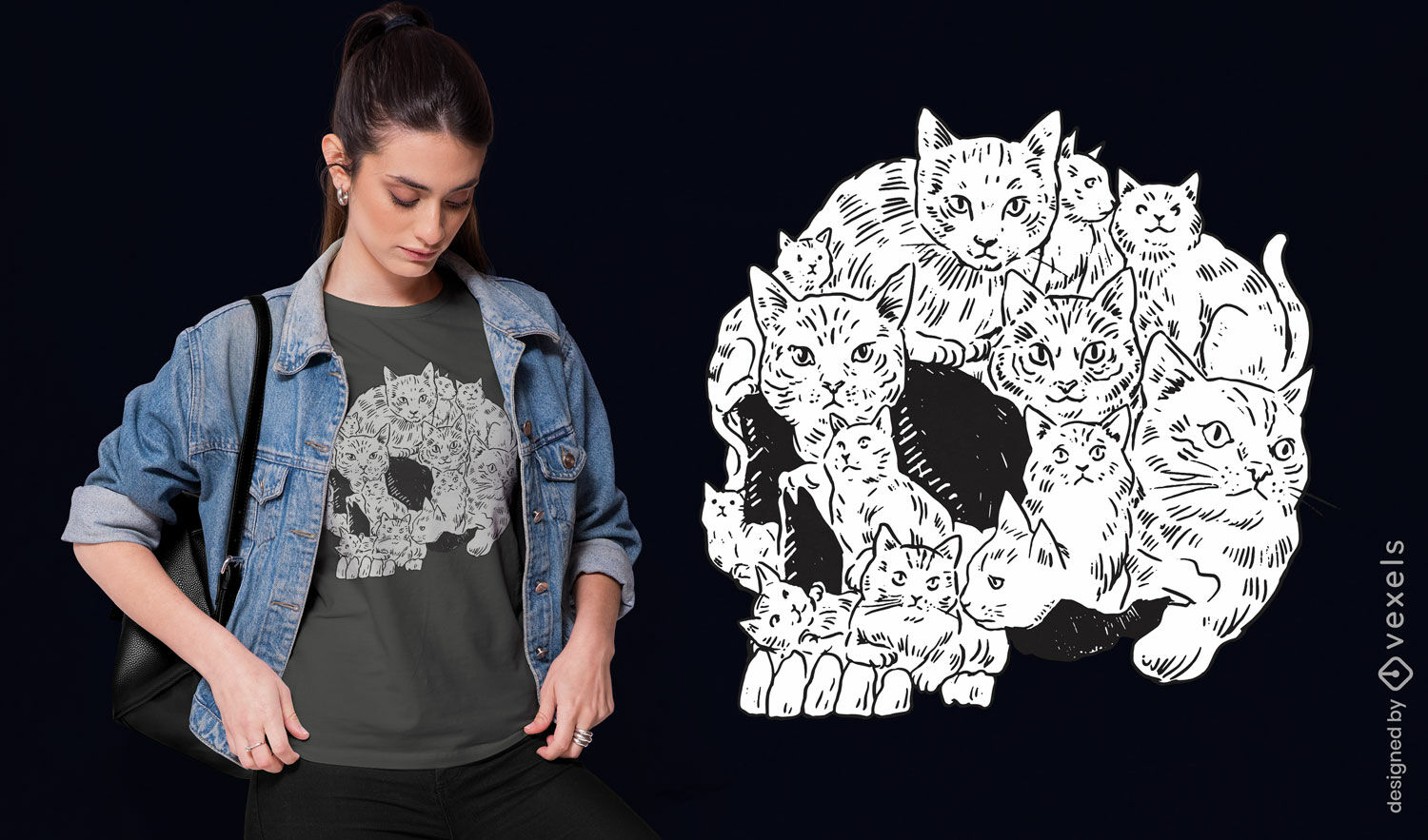 Diseño de camiseta con racimo de calaveras de gato.