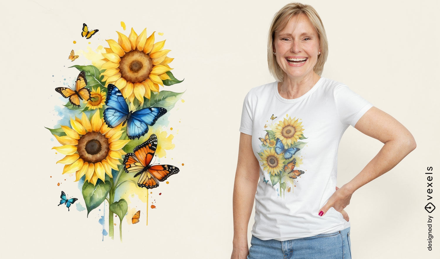 Design de camiseta com girassol e borboleta