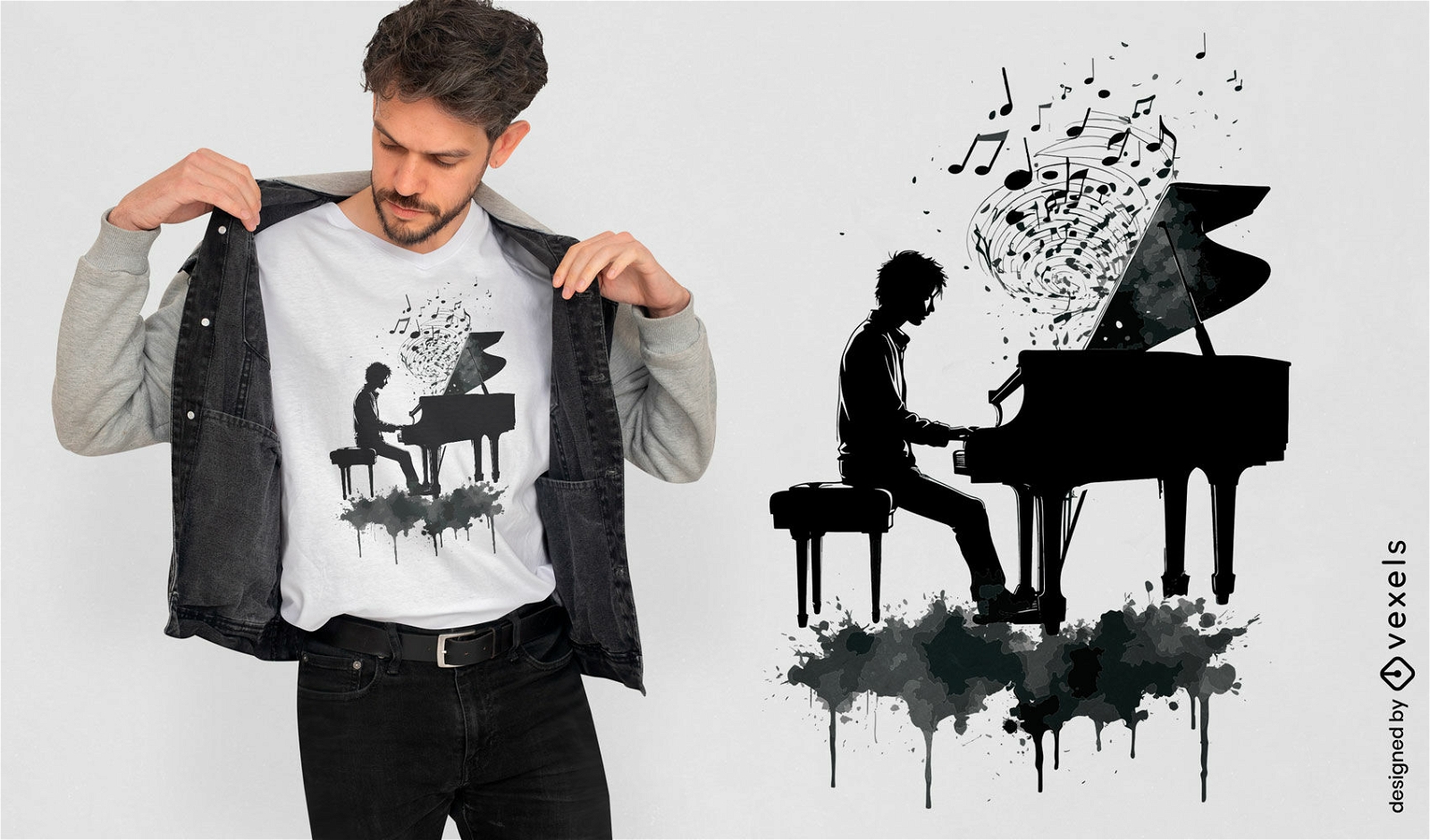 Diseño de camiseta de silueta de hombre piano.