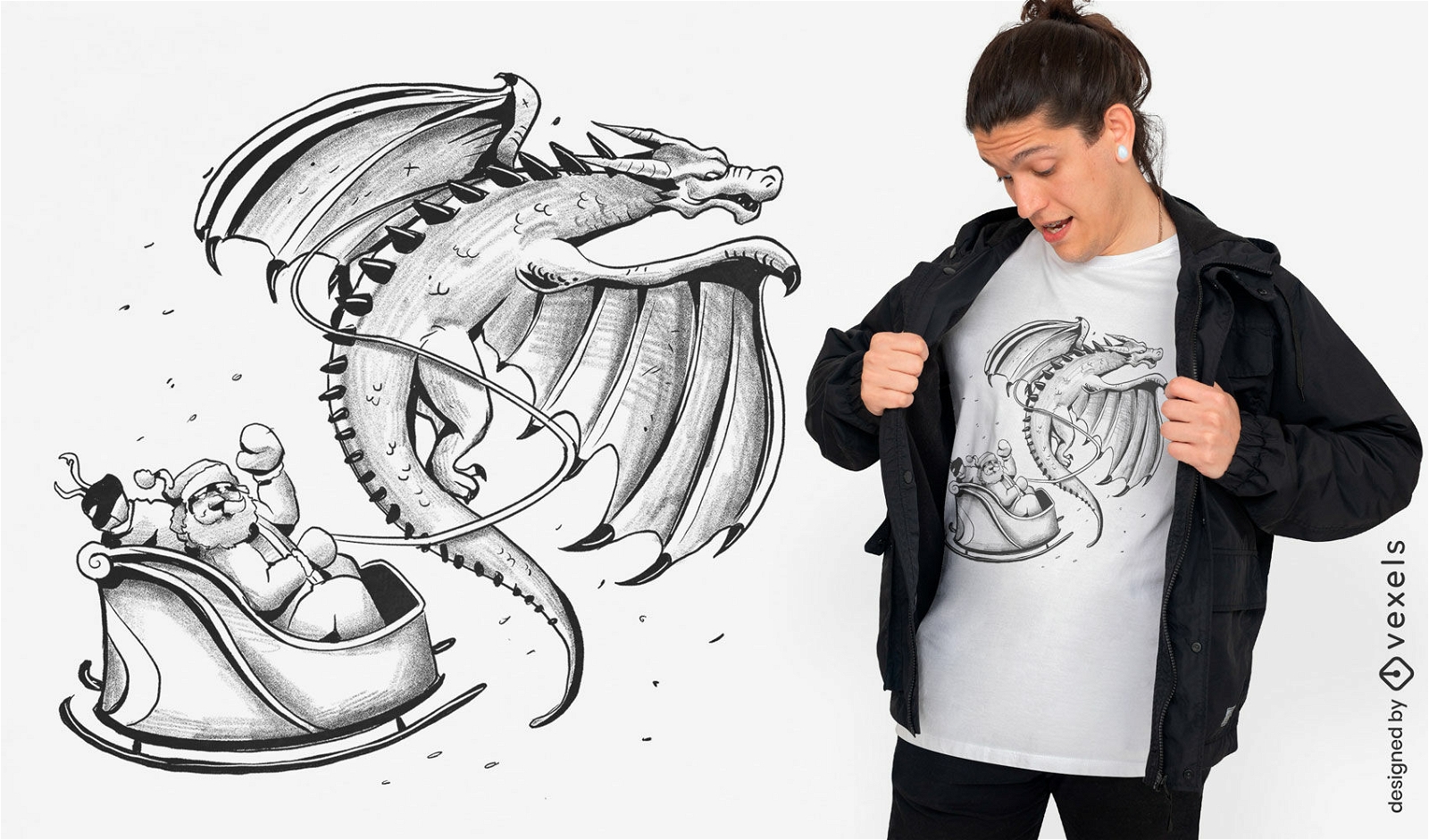 Diseño de camiseta dragón santa claus.