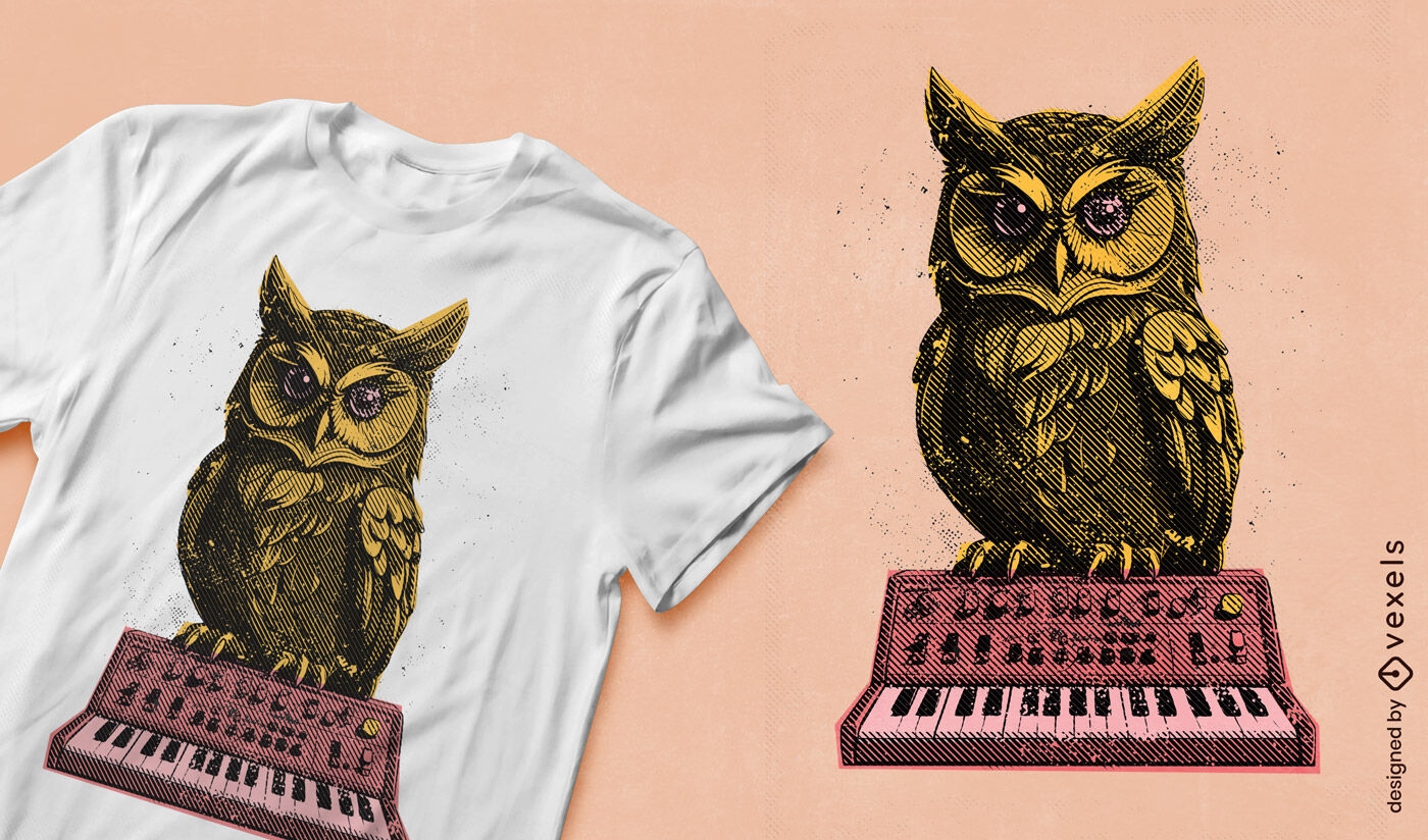 Design de camiseta com sintetizador coruja