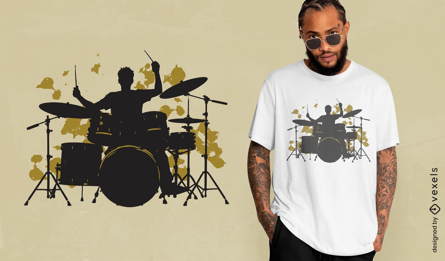 Design vibrante de camiseta com silhueta de baterista