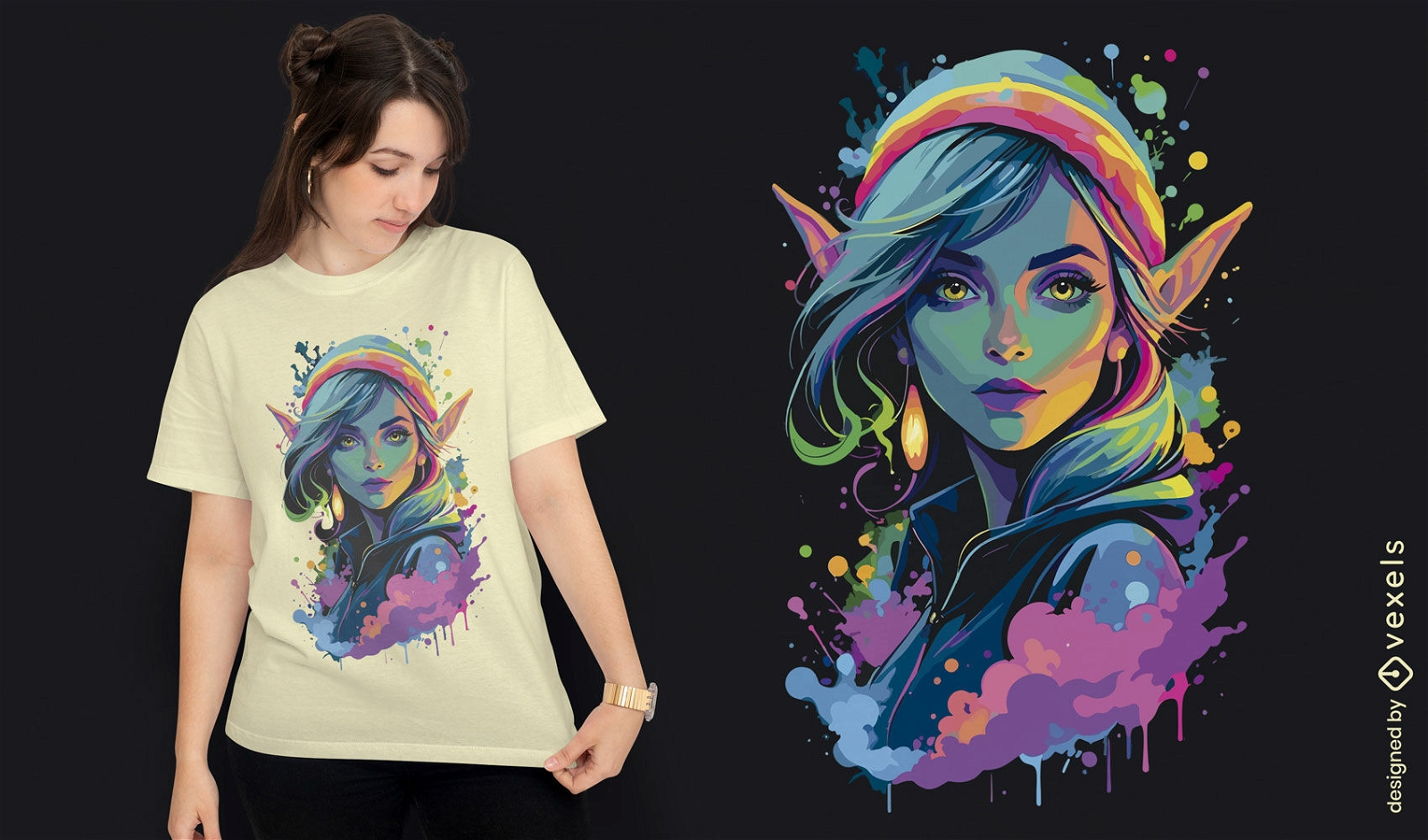 Design de camiseta feminina elfa neon