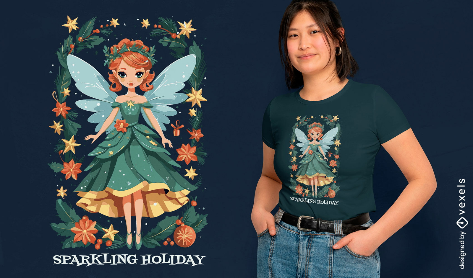 Diseño de camiseta de hadas navideñas.