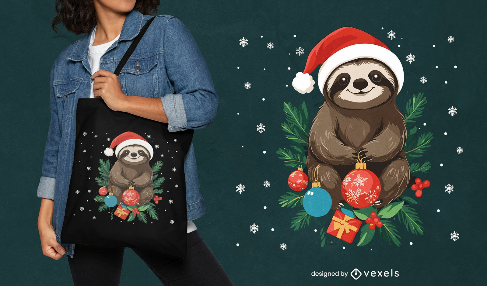 Diseño de bolso tote navideño con perezoso.