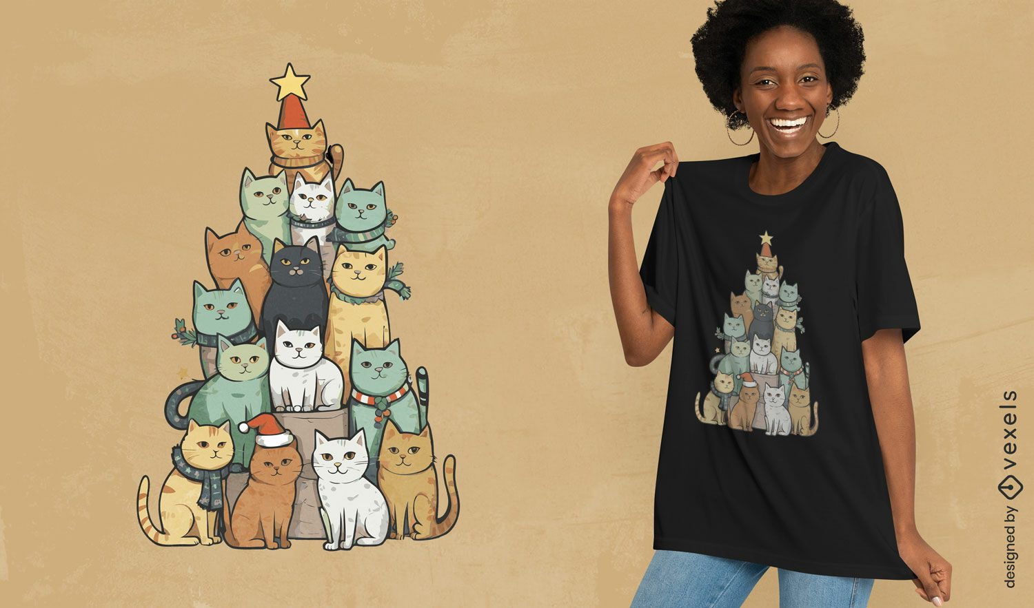 Dise?o de camiseta lindo gato ?rbol de Navidad.