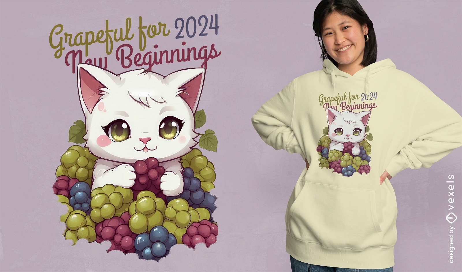 Dise?o de camiseta de gato agradecido y uvas.