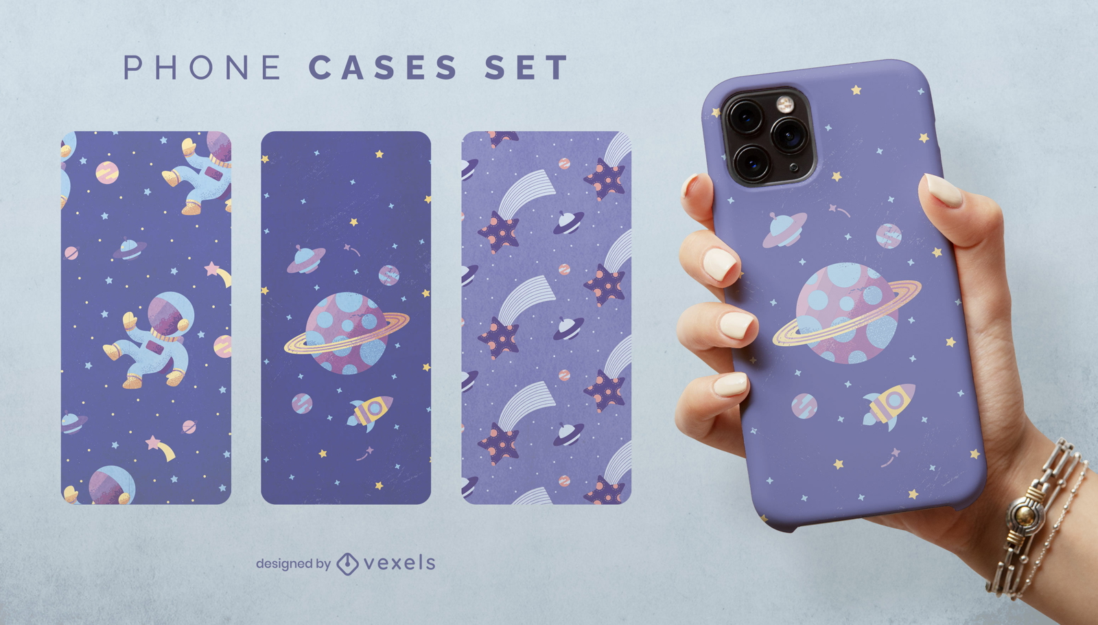 Diseño de escenografía de fundas para teléfonos con temática espacial.