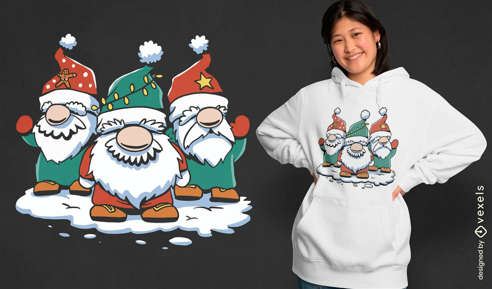 Diseño de camiseta de tres gnomos navideños.