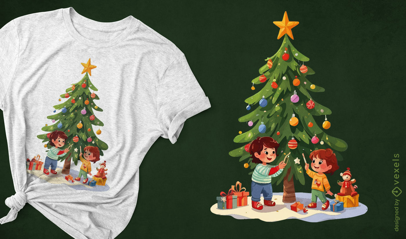 Niños decorando diseño de camiseta de árbol.