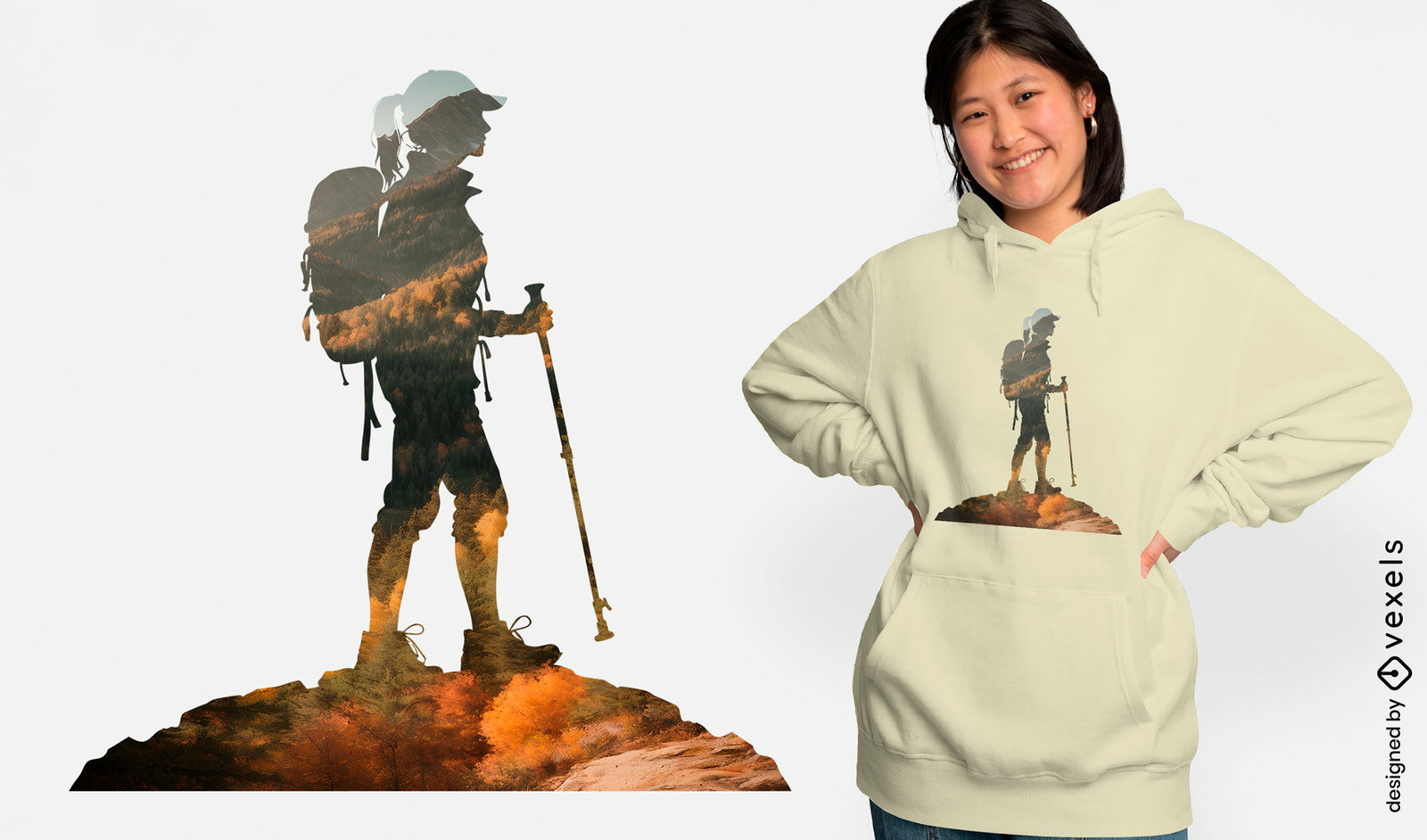 Mujer llamativa caminando por un diseño de camiseta de montaña.