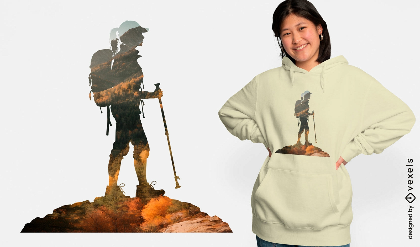 Mulher impressionante caminhando em uma montanha com design de camiseta