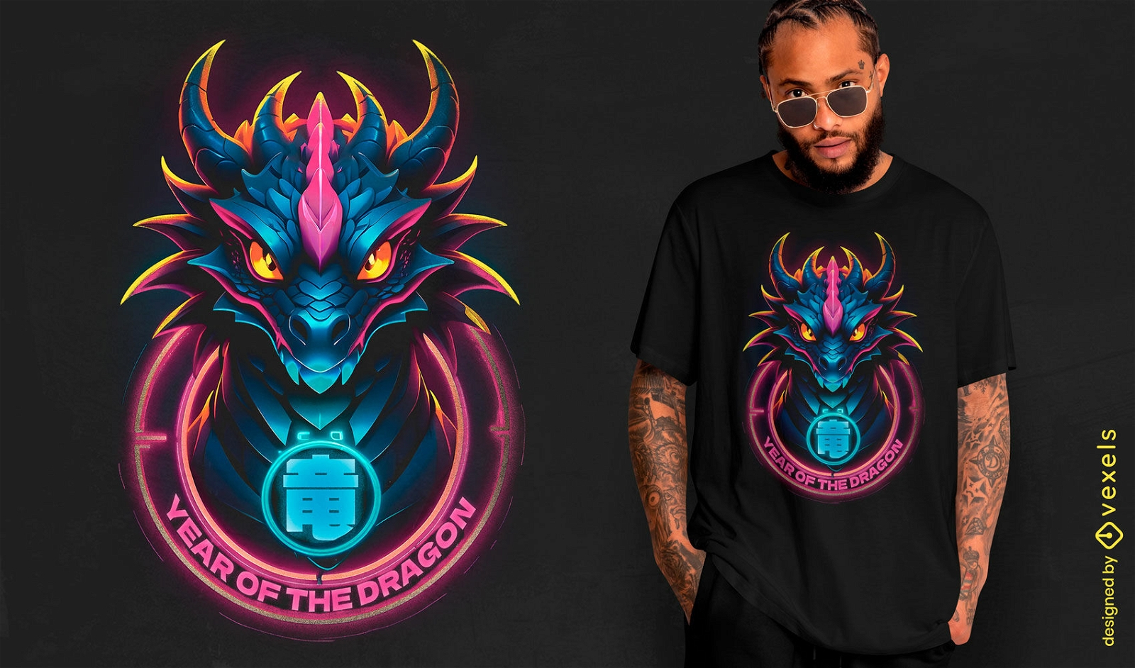 Drachen-Neon-Neujahrs-T-Shirt-Design