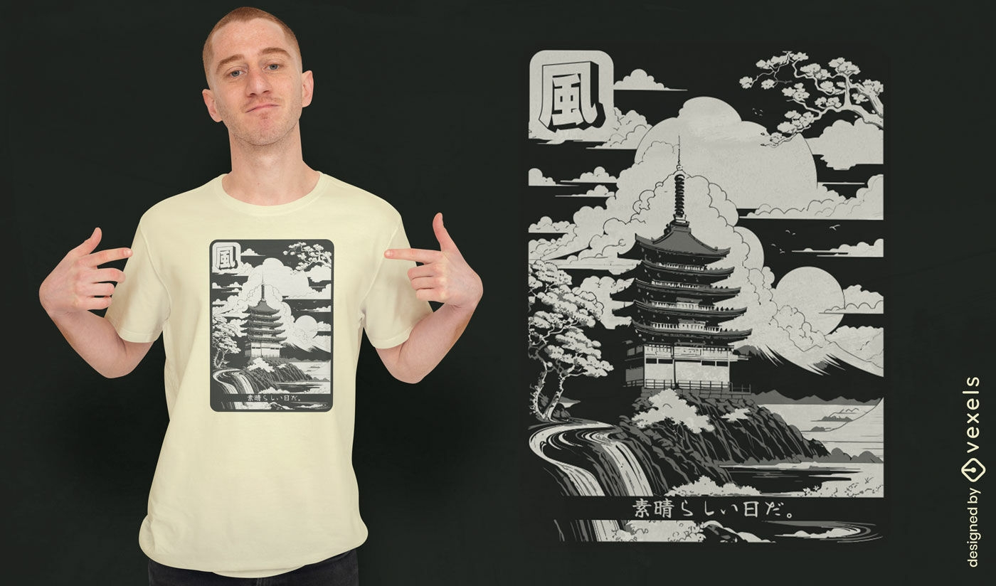 Diseño de camiseta de templo japonés sereno.