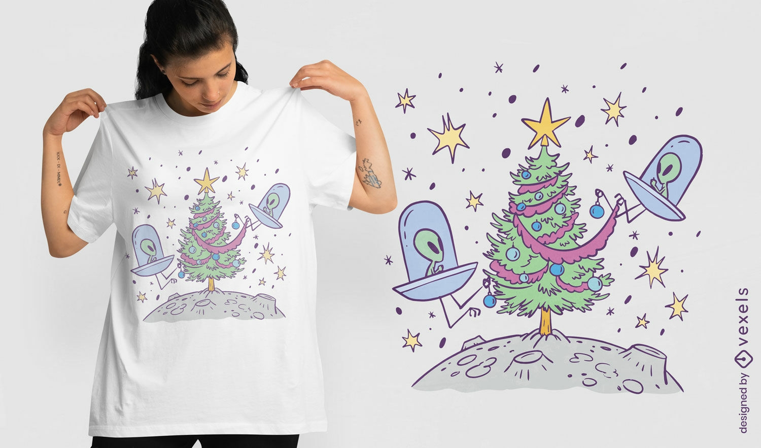 Design de camiseta com ?rvore e alien?gena de Natal