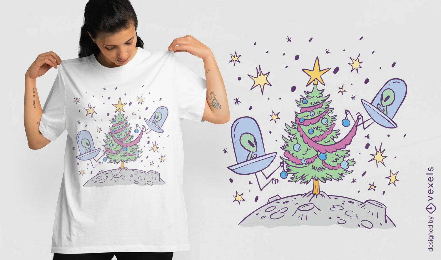 Diseño de camiseta navideña de extraterrestre y árbol.