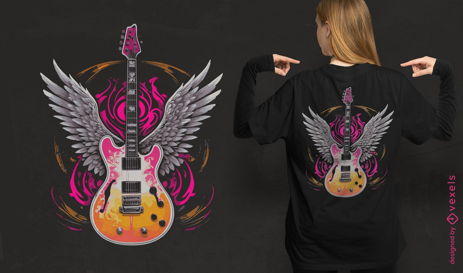 Diseño de camiseta de rock de guitarra alada.