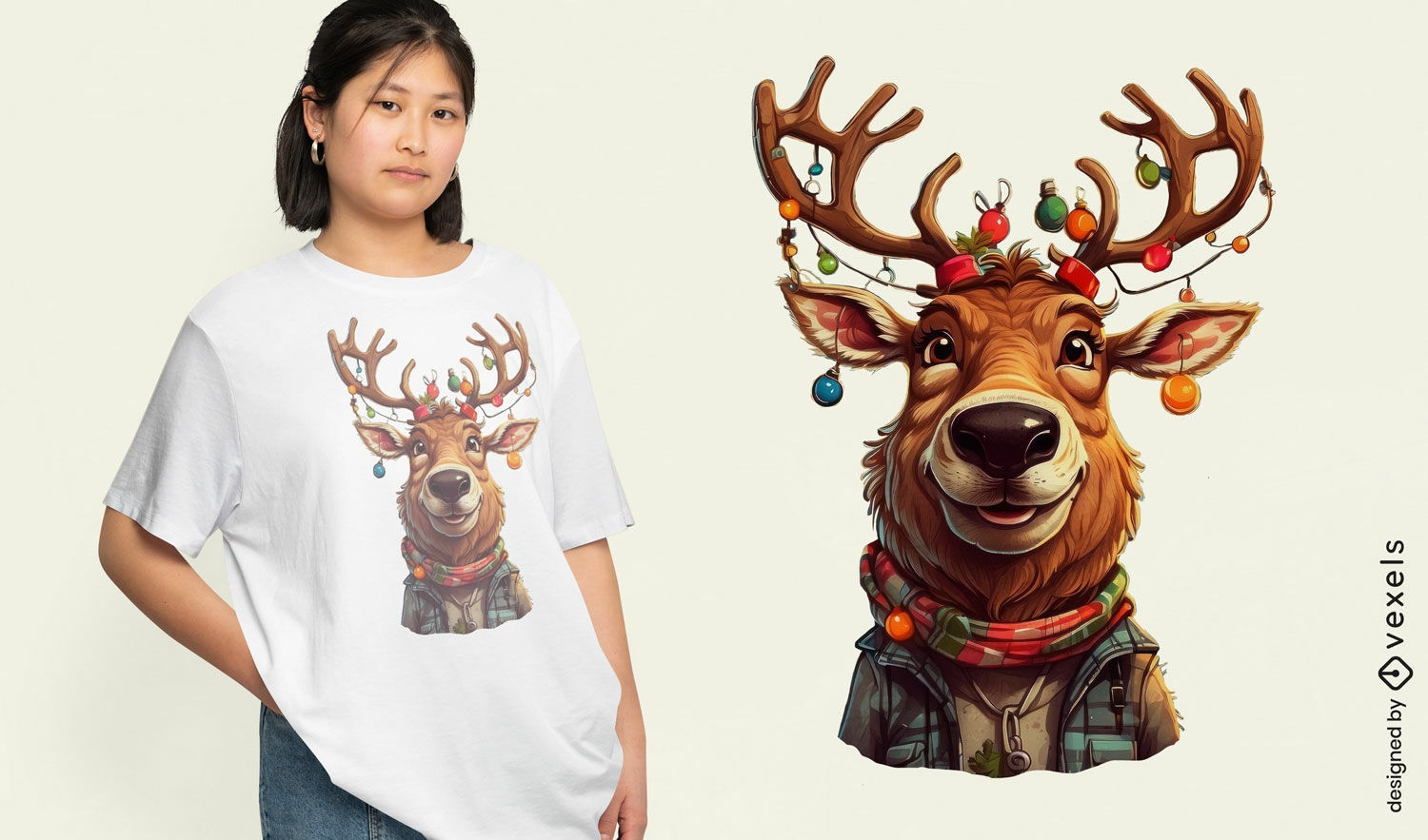 Diseño de camiseta festiva de renos navideños.