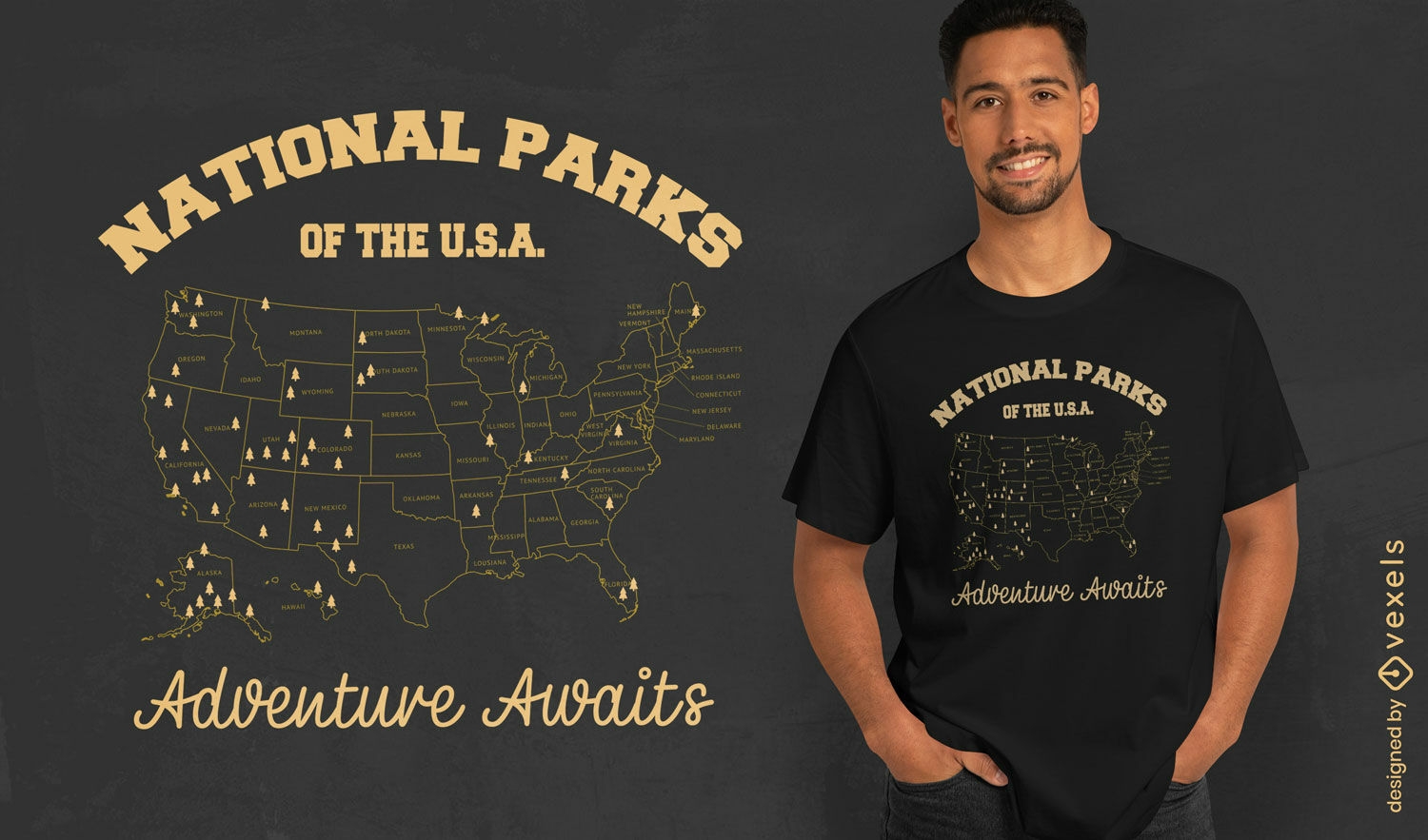 Diseño de camiseta de aventura en parques nacionales.