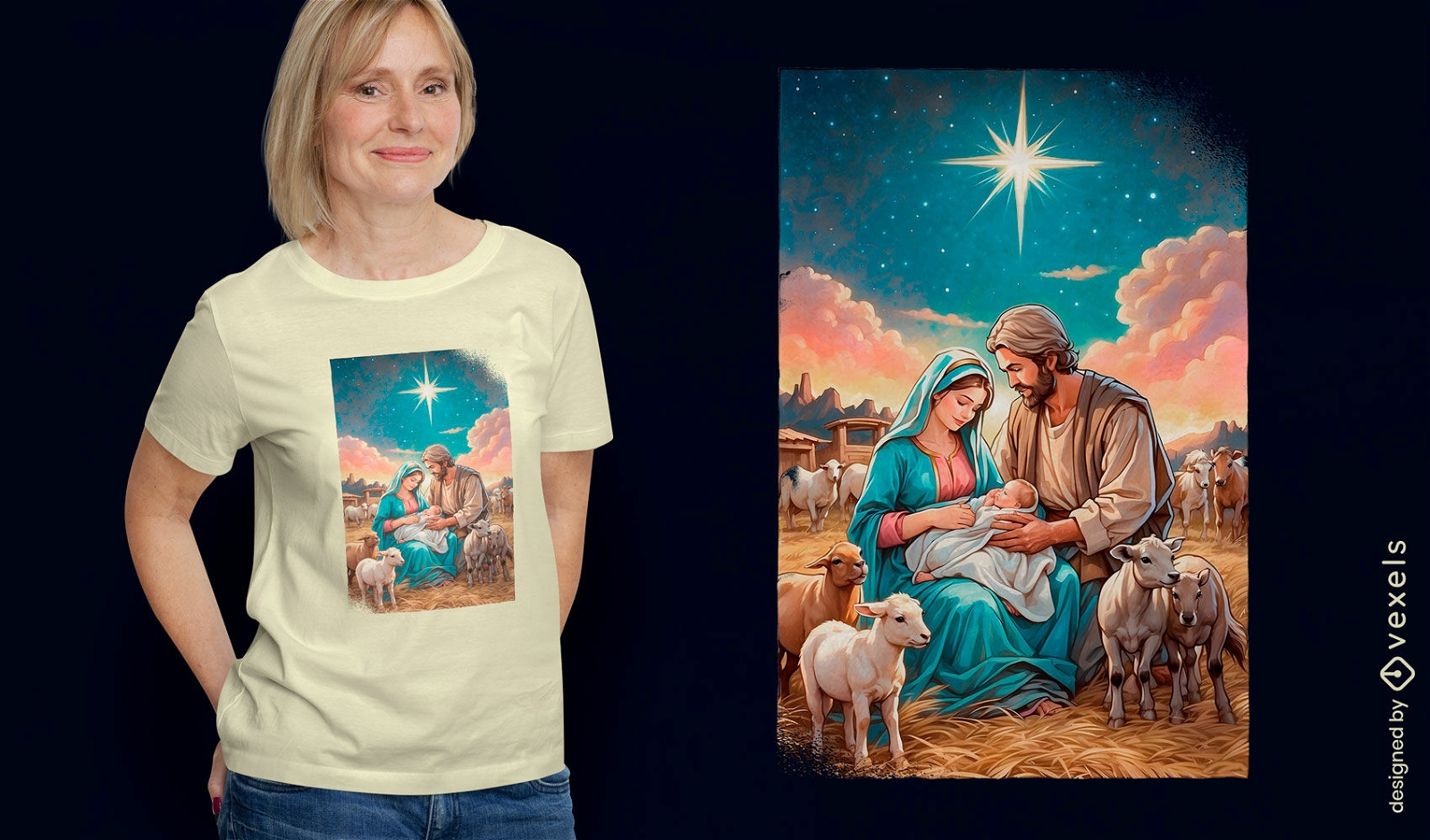 Diseño de camiseta de belén religioso.
