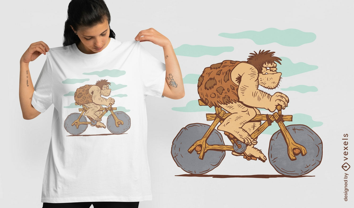 Diseño de camiseta de hombre prehistórico en bicicleta.