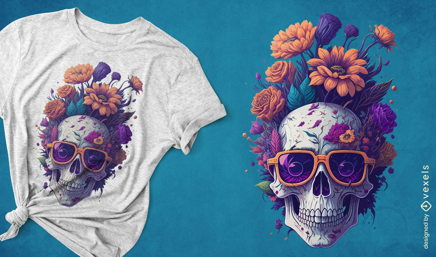 Diseño de camiseta de calavera floral con anteojos morados.