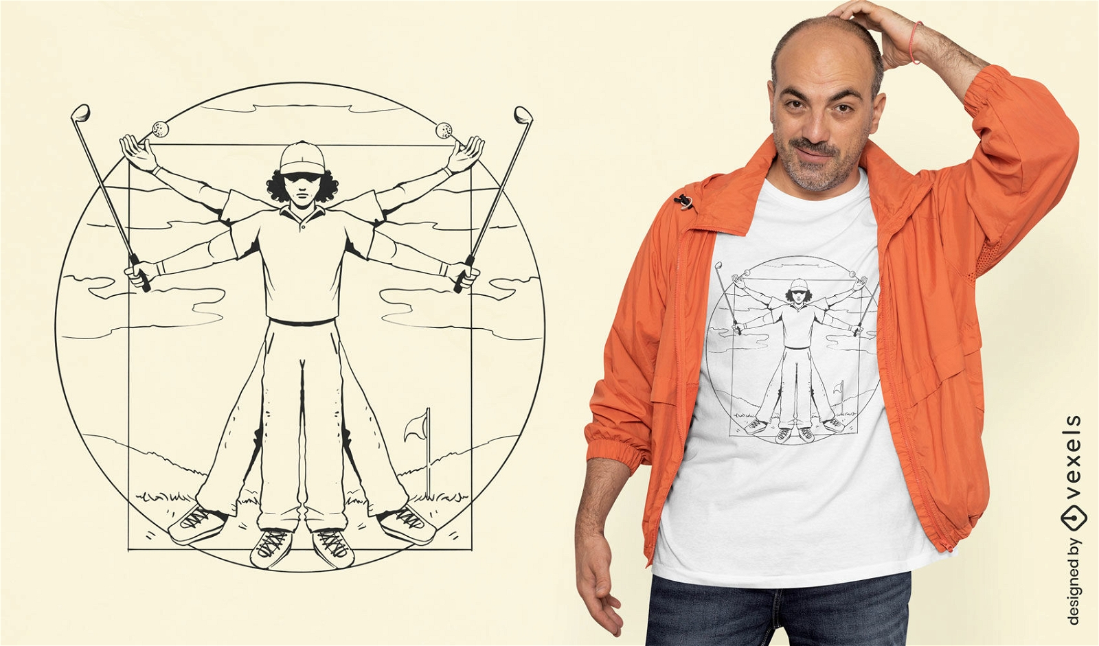 Design de camiseta de golfe do homem vitruviano