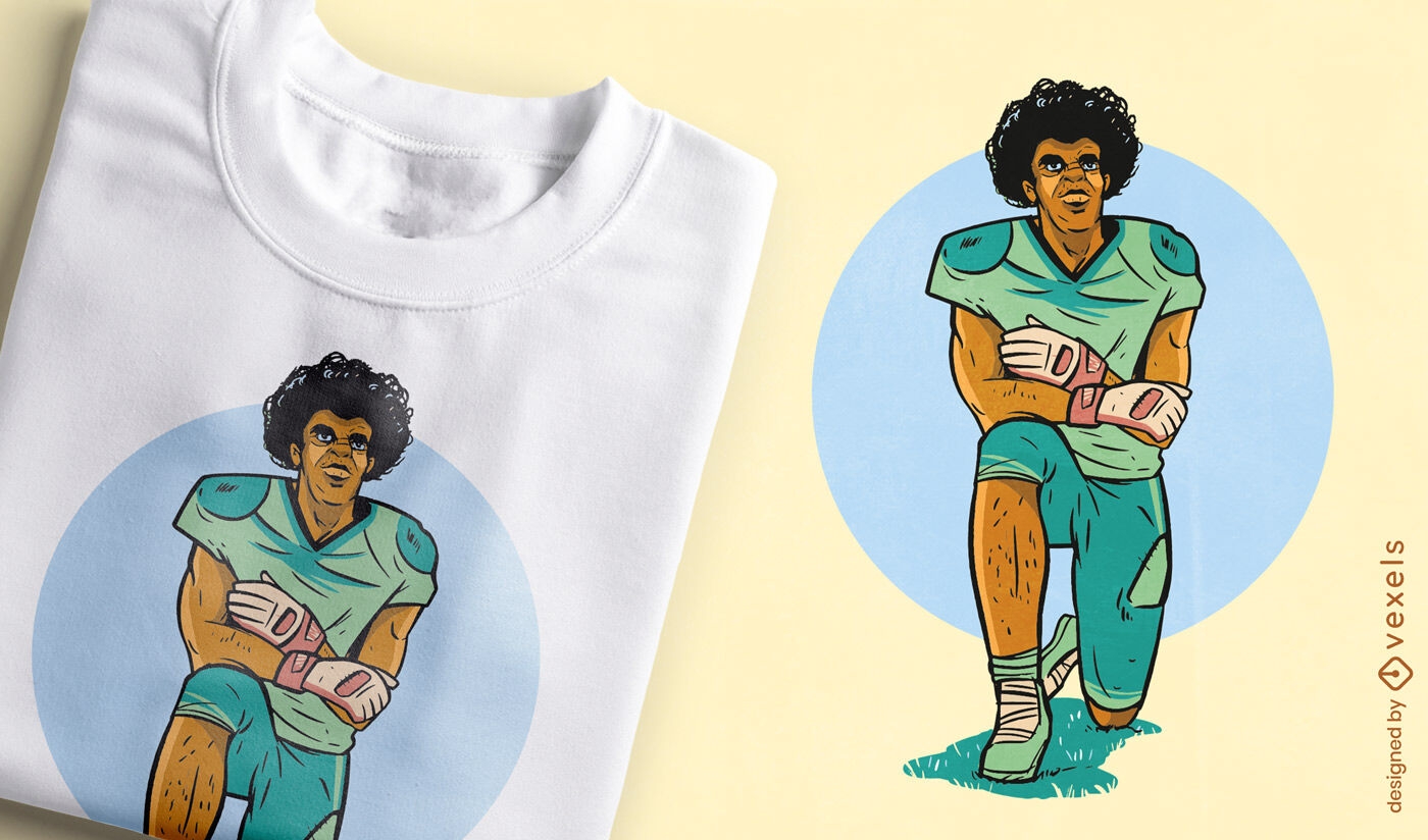 Design de camiseta com jogador de futebol apoiado em um joelho