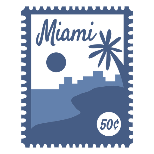 Selo postal de Miami com palmeira e sol. Desenho PNG