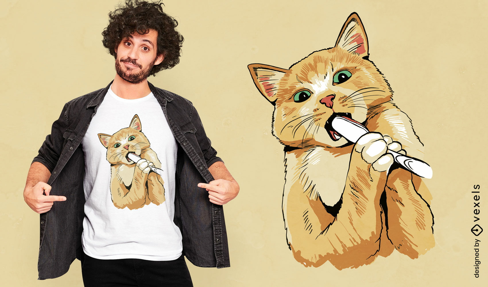 Diseño de camiseta de gato cepillándose los dientes.