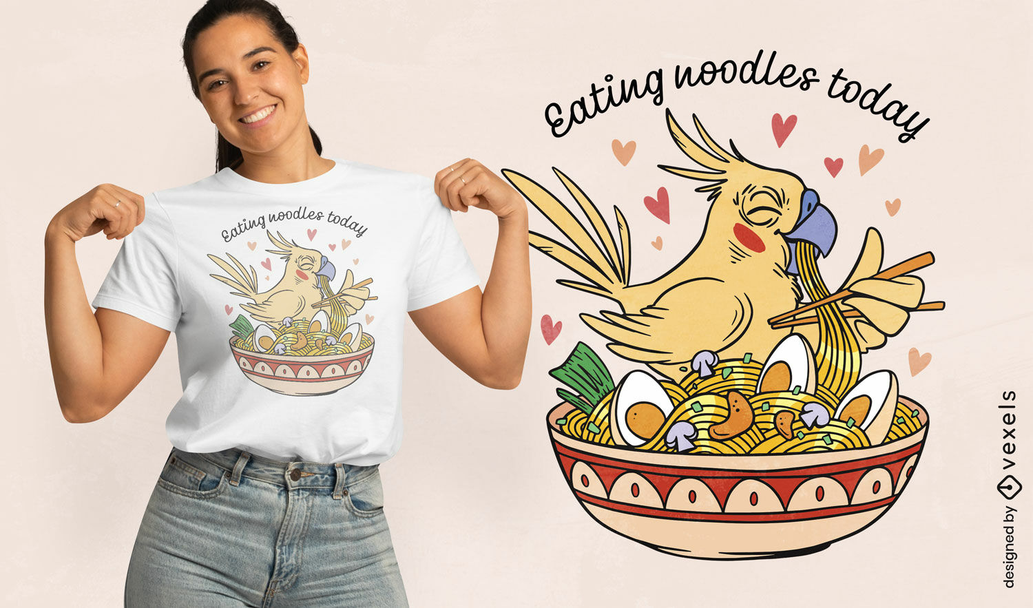 Design de camiseta de calopsita comendo macarrão