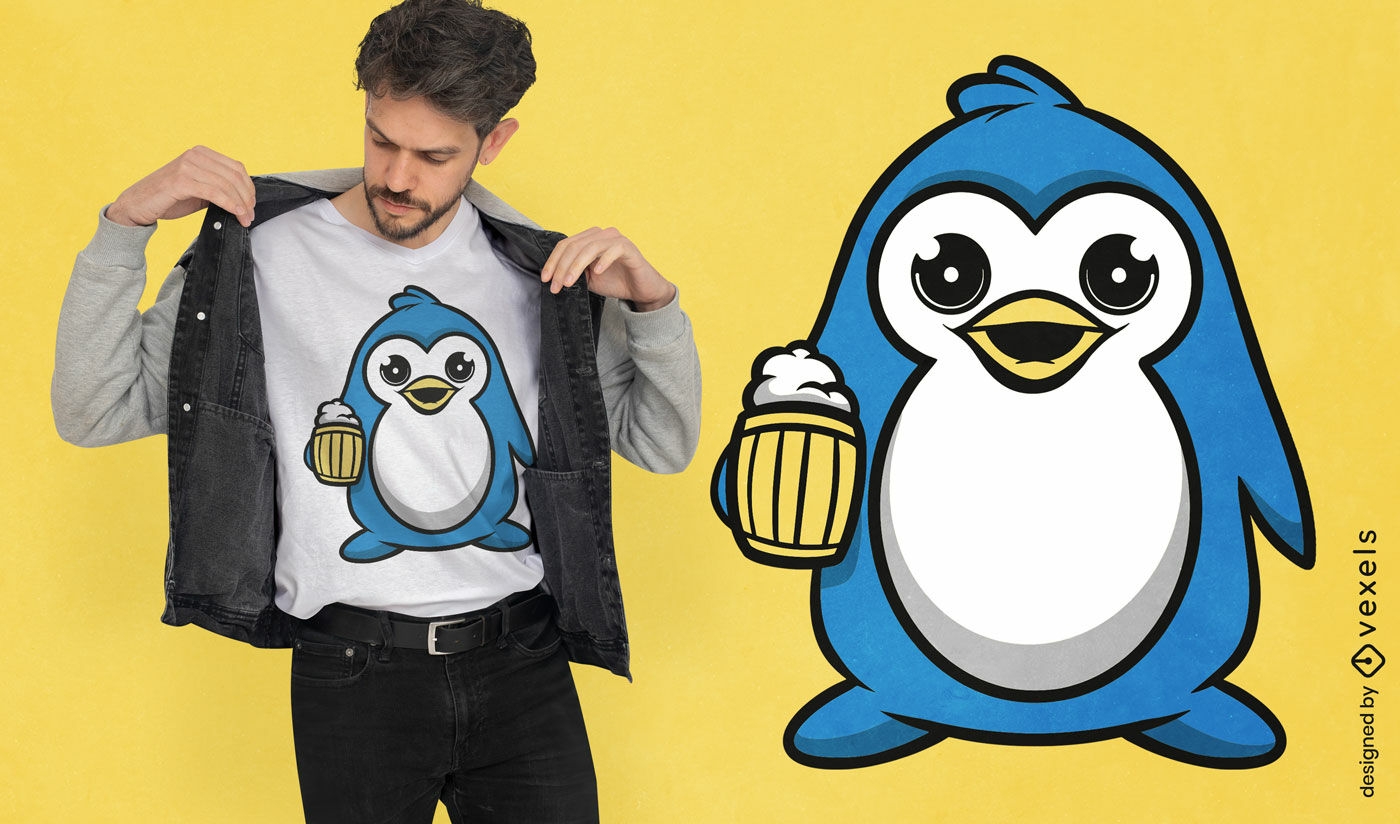 Diseño de camiseta de pingüino con cerveza.
