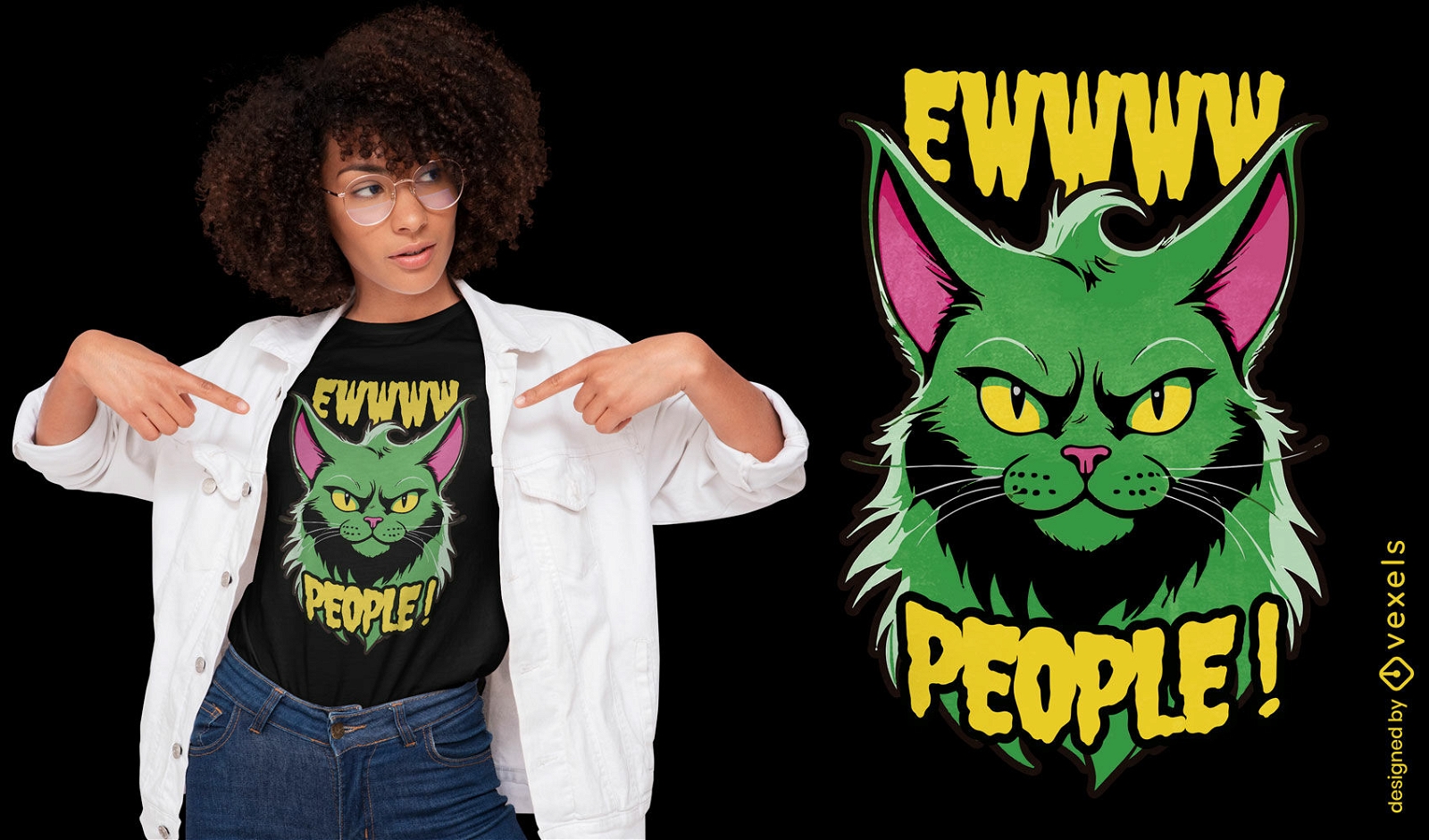 Design de camiseta com atitude de gato verde