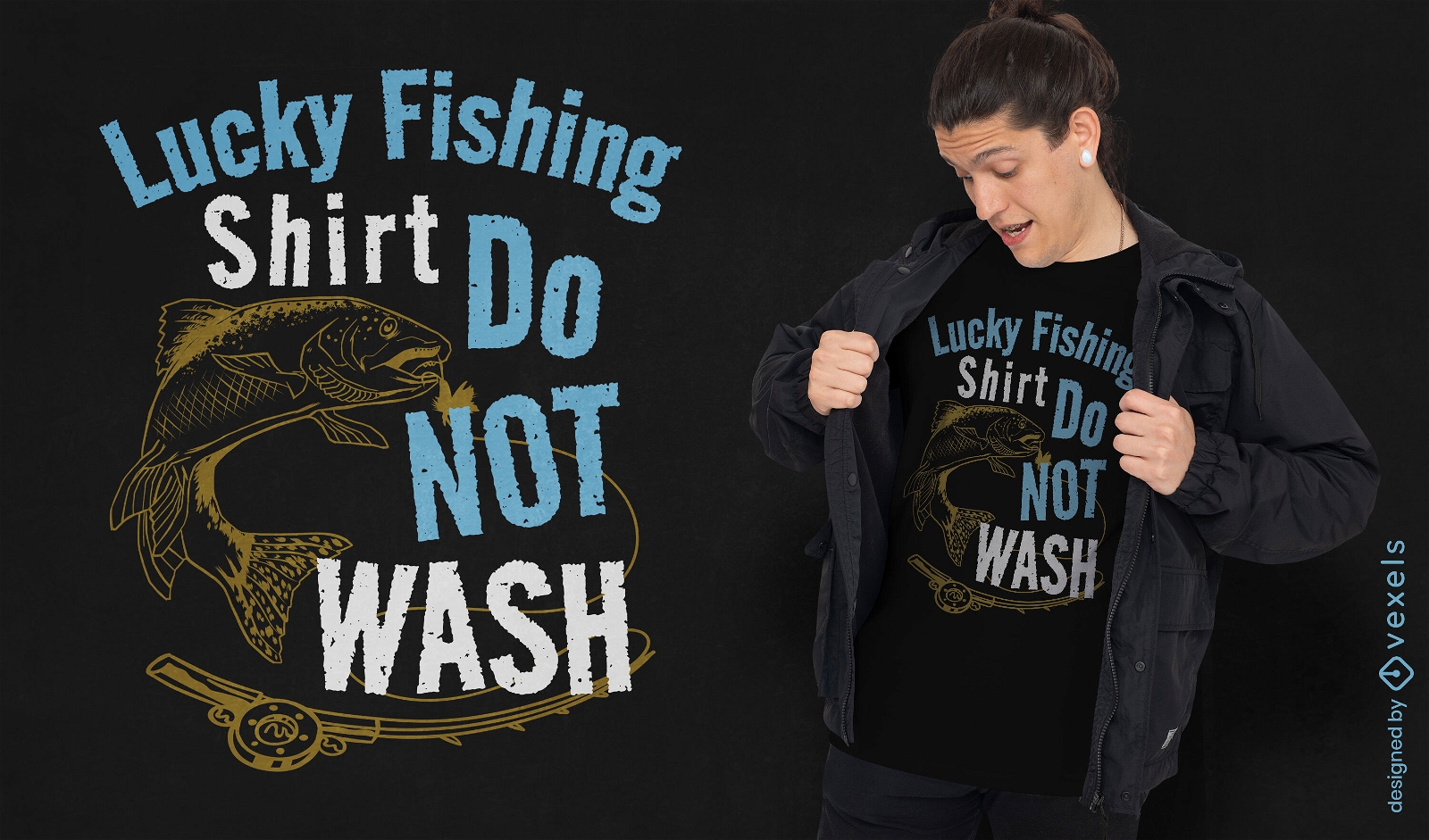 Diseño de camiseta con lema de pesca de la suerte.